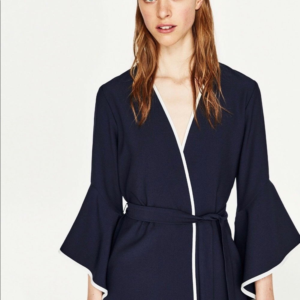 Zara Navy White Ruffle Fluted Wrap Belted Jacket